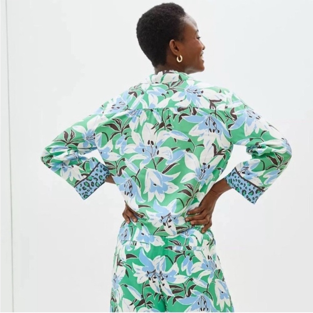 Anthropologie Maeve Matching Set Shirt Pants Floral Animal Print Green Blue - Picture 3 of 12